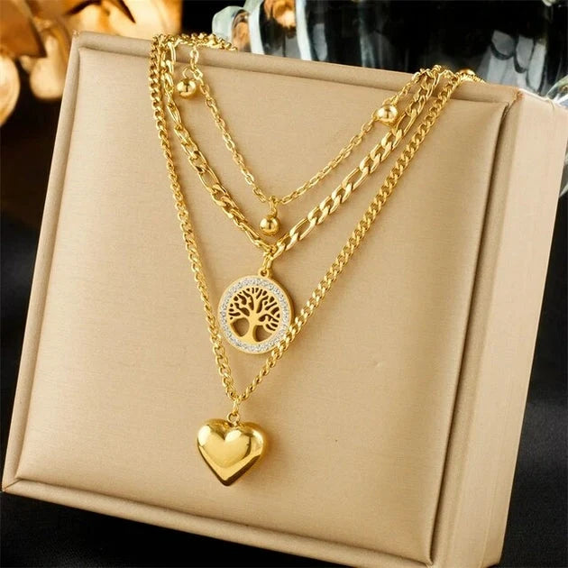 ⭐ Collier femme Multi-Rangs Doré – Arbre de Vie & Cœur