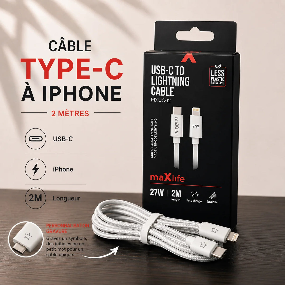 Câble rapide 27w USB-C vers Lightning 2 mètres – Personnalisable avec gravure ✨