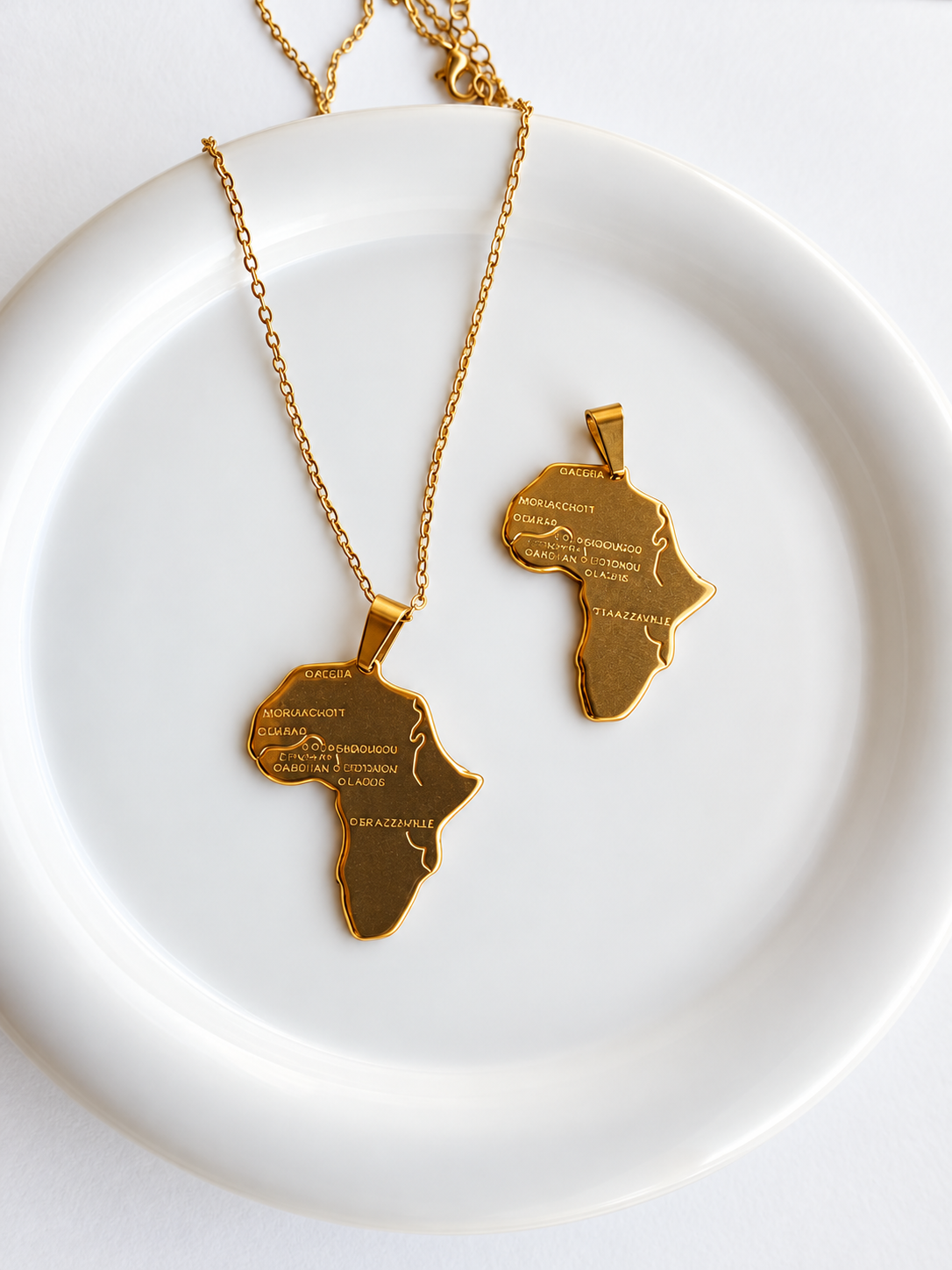 Chaîne et Pendentif au choix Carte de l’Afrique Doré en acier inoxydable plaqué or 18k - Bijou mixte homme ou femme 🌍✨