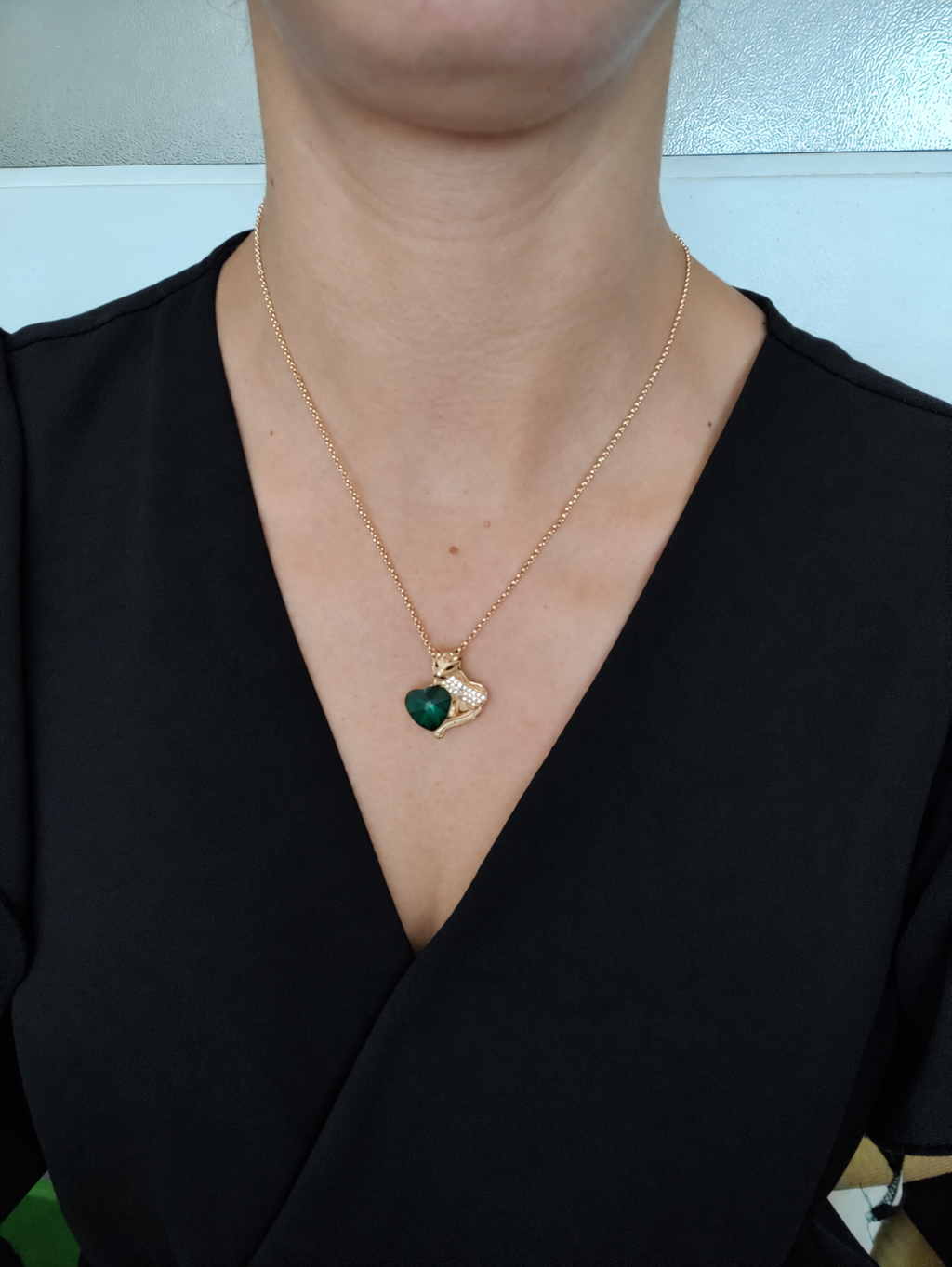 Collier et Pendentif Panthère Cœur Zircon – Acier Inoxydable Plaqué Or 45+5 cm