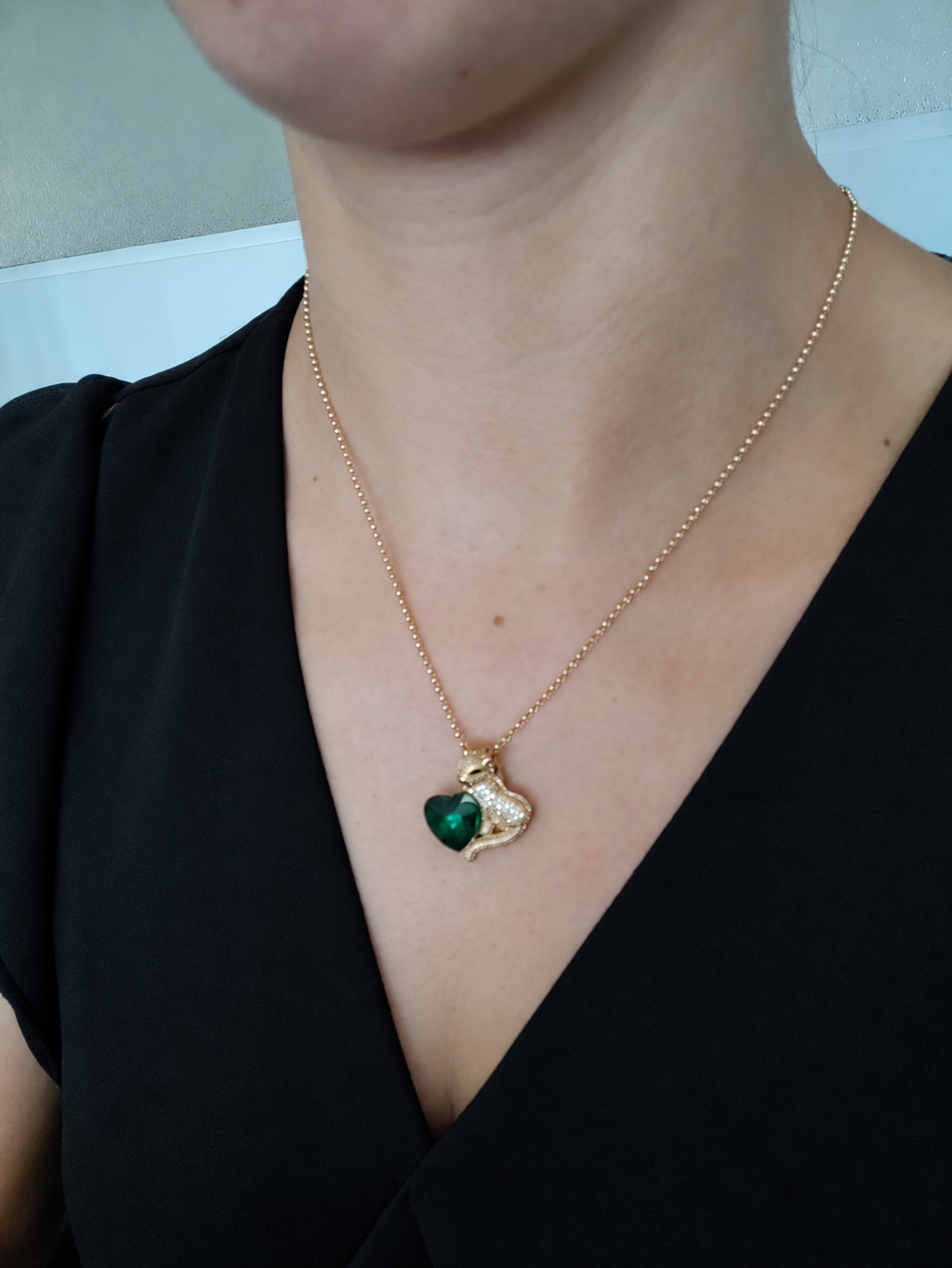 Collier et Pendentif Panthère Cœur Zircon – Acier Inoxydable Plaqué Or 45+5 cm