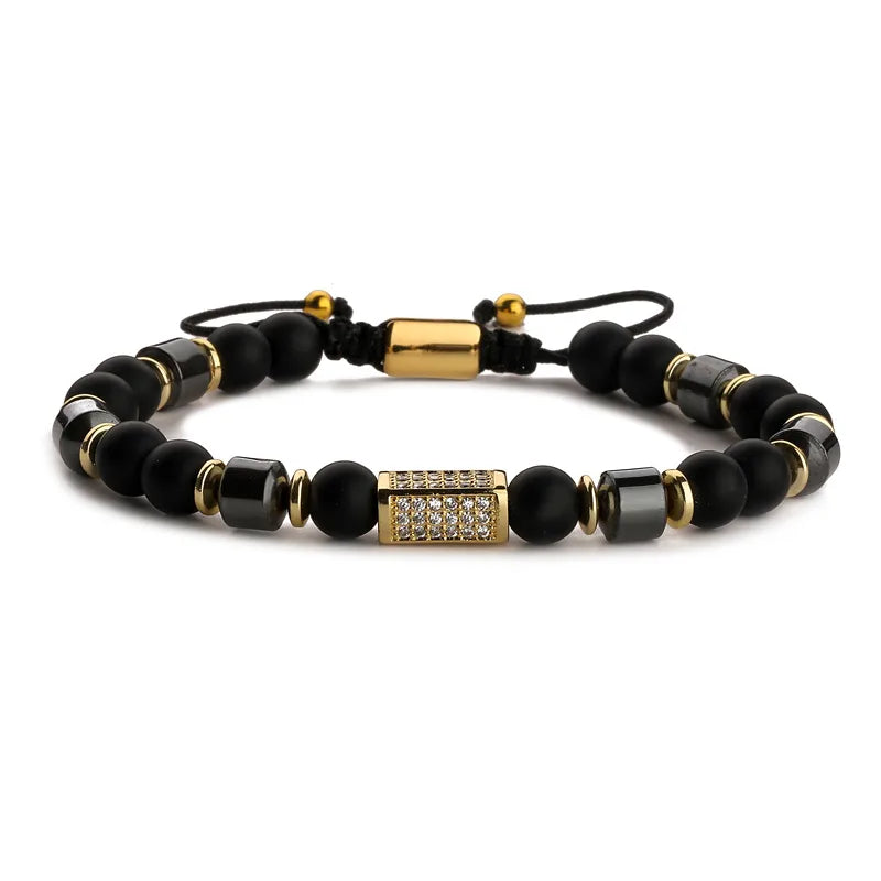 Bracelet Mixte Onyx Noir & Hématite – Accents Dorés Zircon
