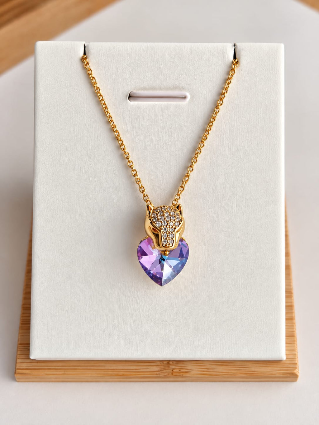Collier et Pendentif Tête de Panthère Cœur Zircon – Acier Inoxydable Plaqué Or 45+5 cm