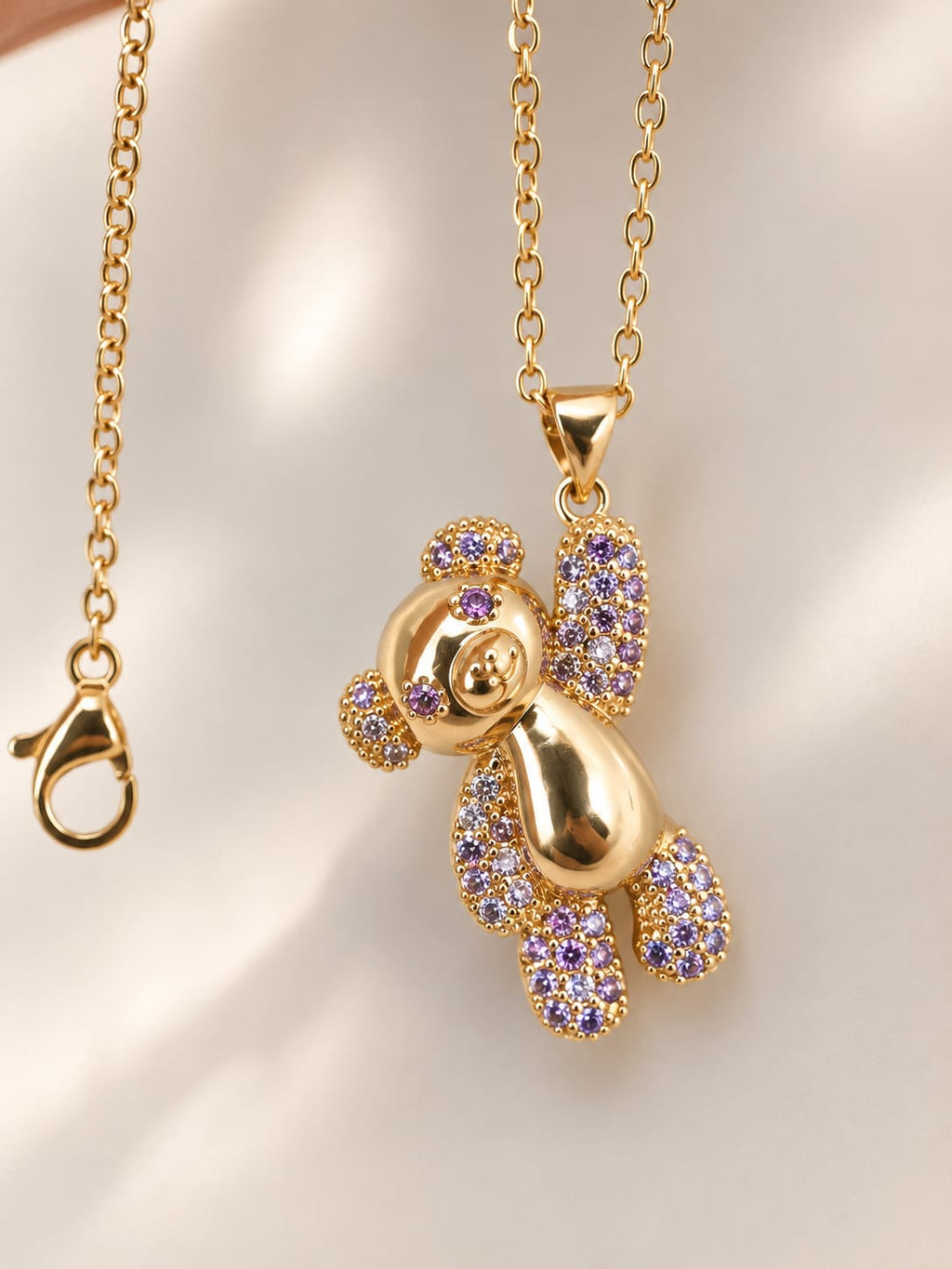 Collier Ourson Zircon Acier Inoxydable Plaqué Or 45+5 cm – Tendresse Lilas / Éclat d’Émeraude / Doudou Fushia