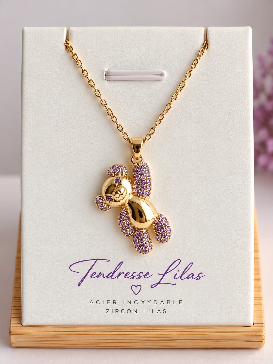 Collier Ourson Zircon Acier Inoxydable Plaqué Or 45+5 cm – Tendresse Lilas / Éclat d’Émeraude / Doudou Fushia