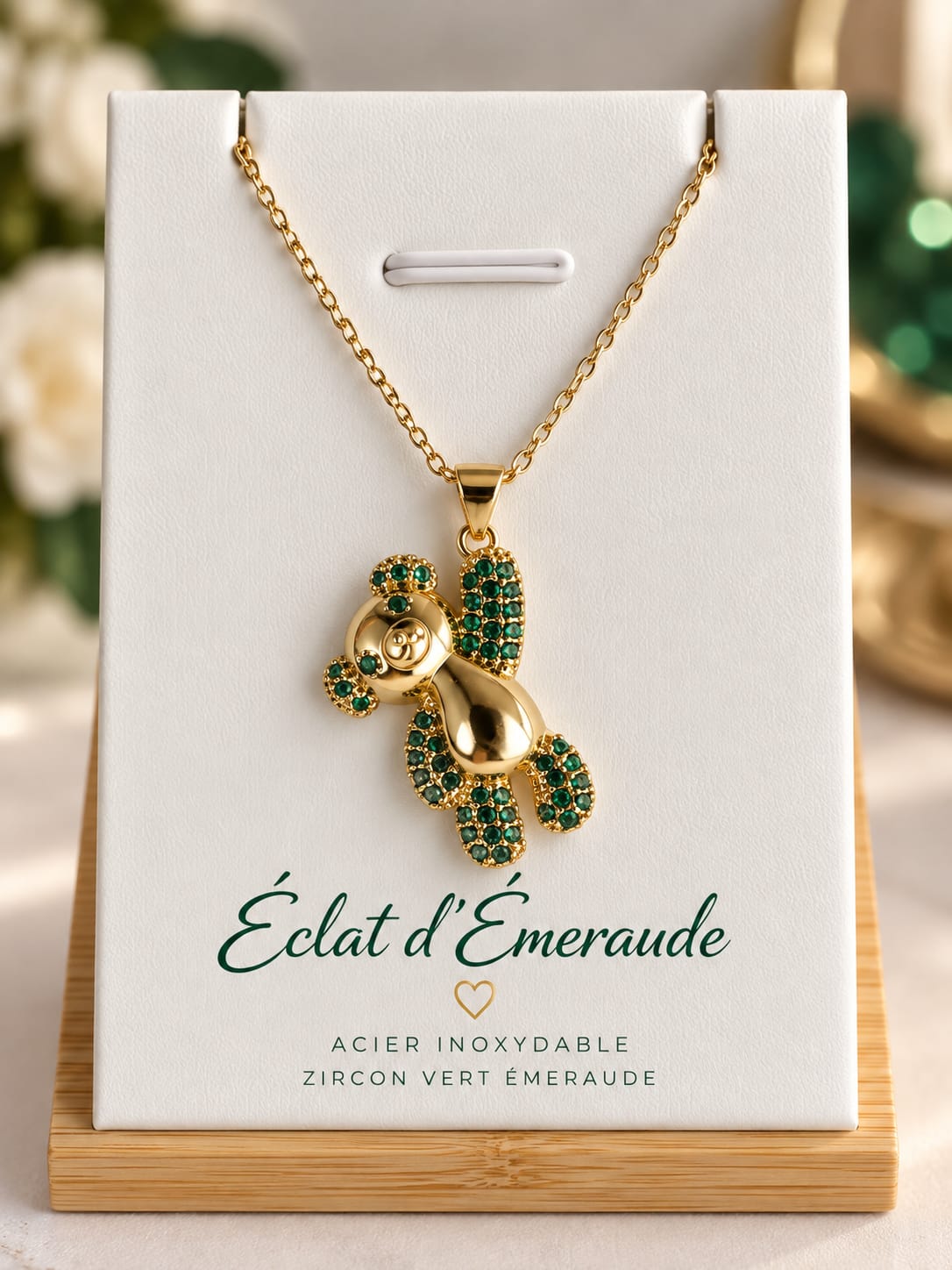 Collier Ourson Zircon Acier Inoxydable Plaqué Or 45+5 cm – Tendresse Lilas / Éclat d’Émeraude / Doudou Fushia