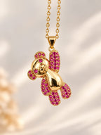 Collier Ourson Zircon Acier Inoxydable Plaqué Or 45+5 cm – Tendresse Lilas / Éclat d’Émeraude / Doudou Fushia