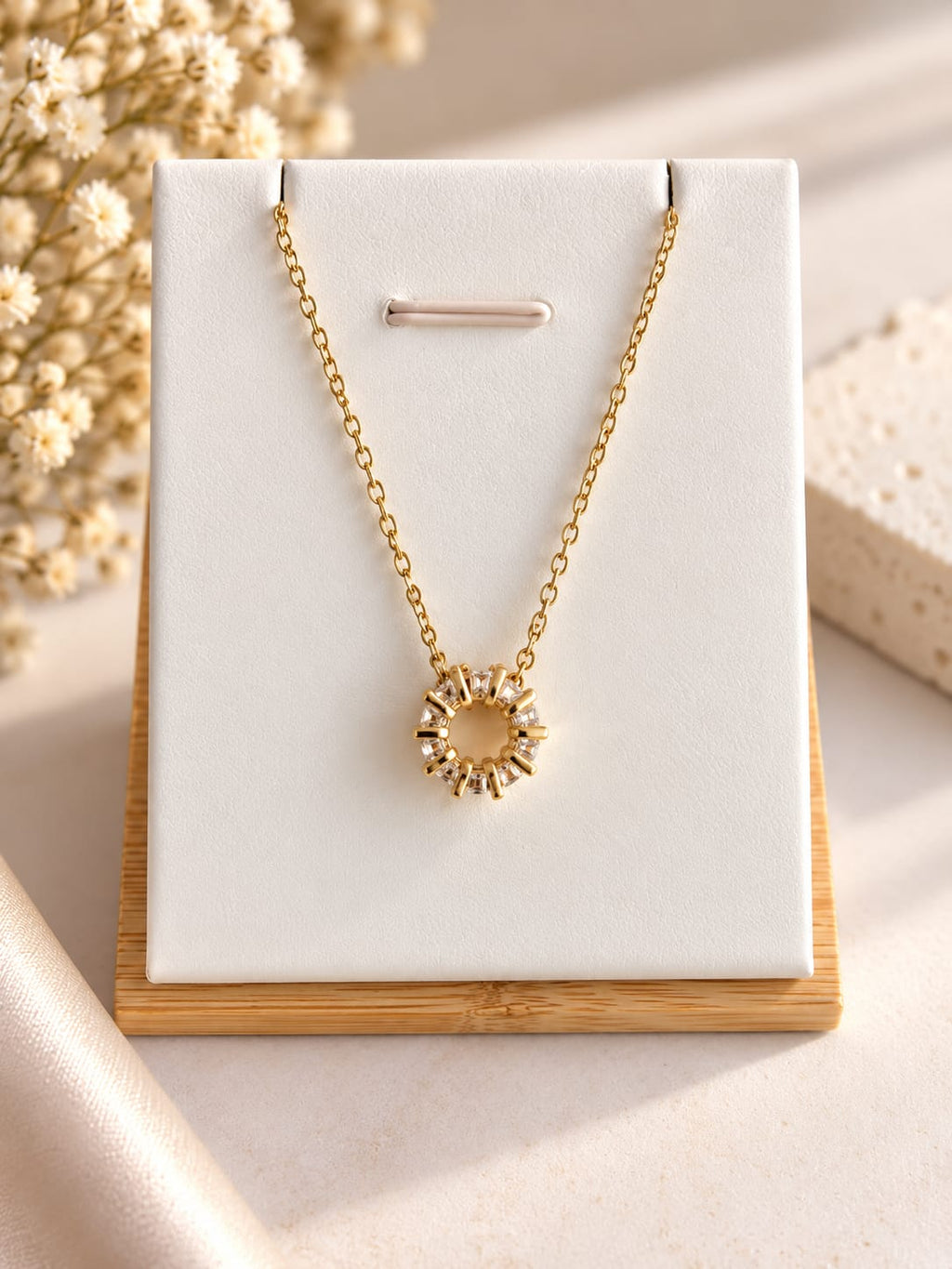 Collier Femme Zircon Baguette Acier Inoxydable – Roulettes Précieuses Doré ou Argenté, 45+5 cm – Pendentif Seul ou Complet