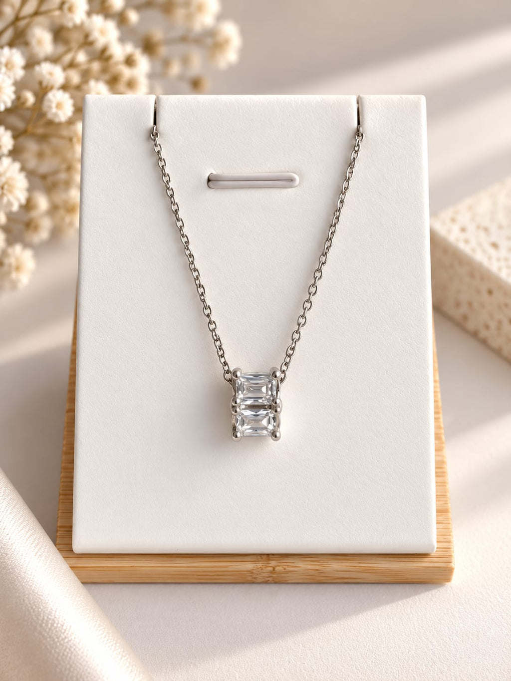 Collier Femme Zircon Baguette Acier Inoxydable – Roulettes Précieuses Doré ou Argenté, 45+5 cm – Pendentif Seul ou Complet