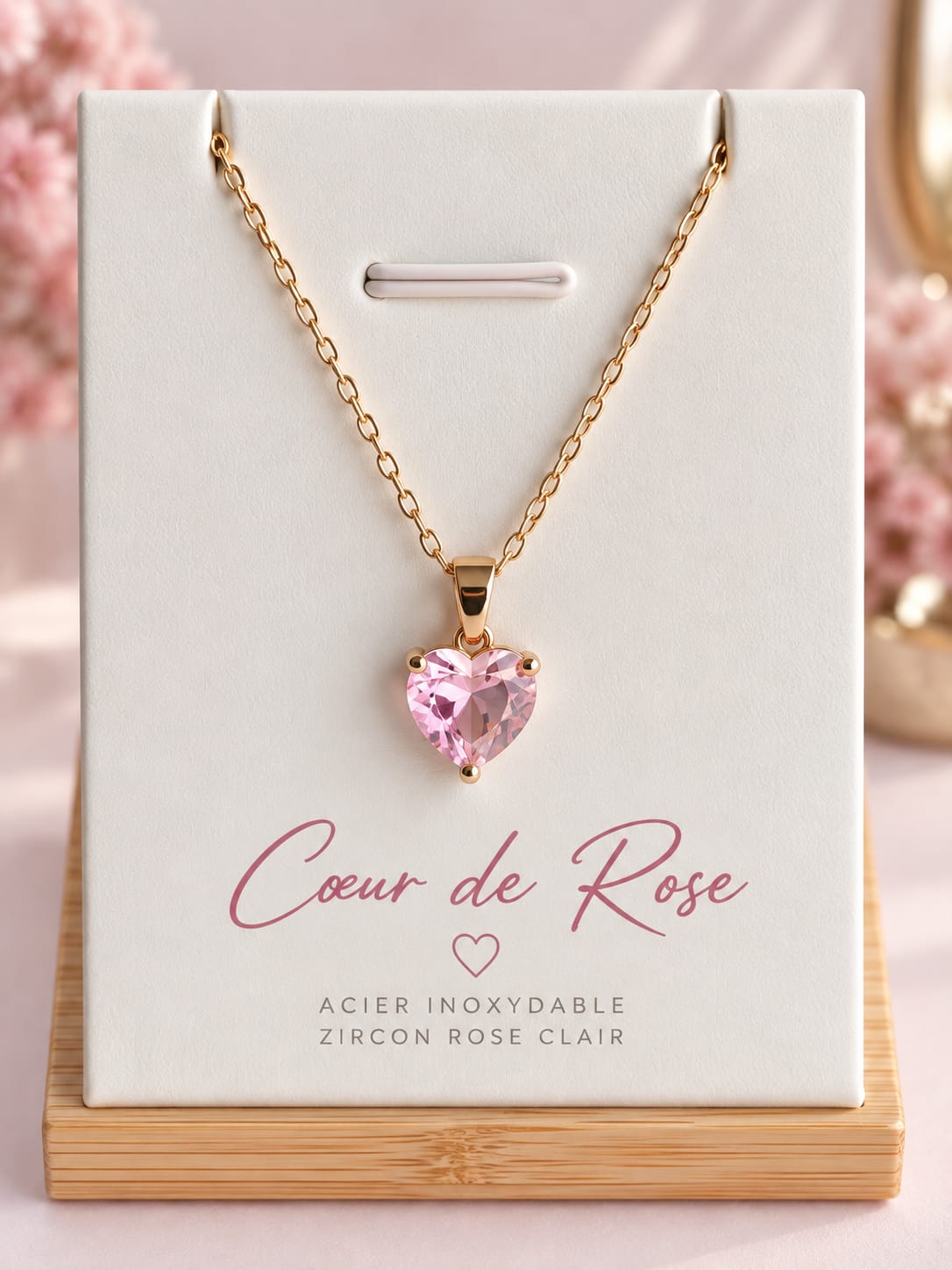Collier Femme Cœur Zircon Acier Inoxydable Doré 45 + 5 cm – Cœur de Rose / Cœur d’Amour / Coeur d’Or – Bijou Élégant Hypoallergénique