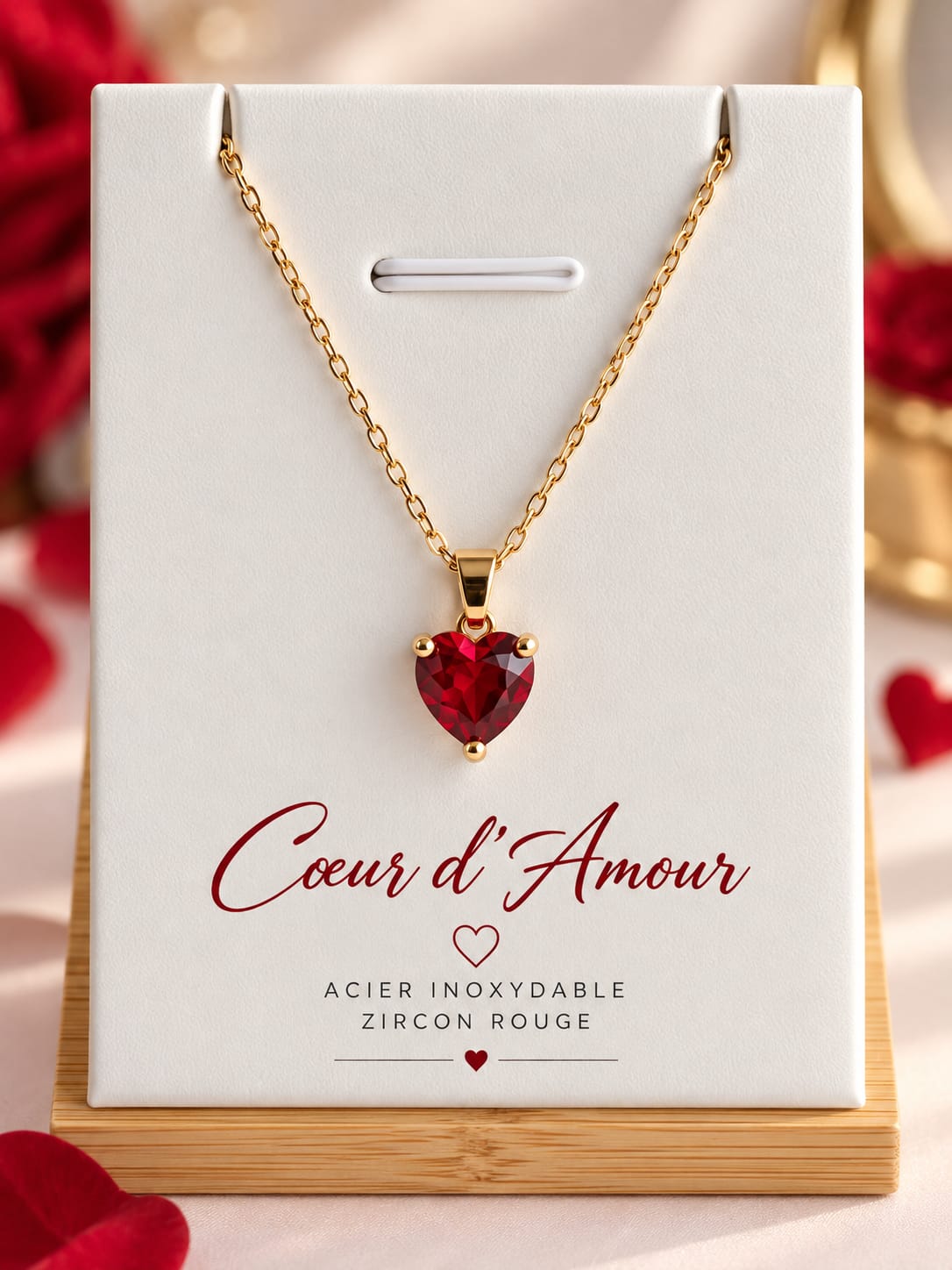 Collier Femme Cœur Zircon Acier Inoxydable Doré 45 + 5 cm – Cœur de Rose / Cœur d’Amour / Coeur d’Or – Bijou Élégant Hypoallergénique