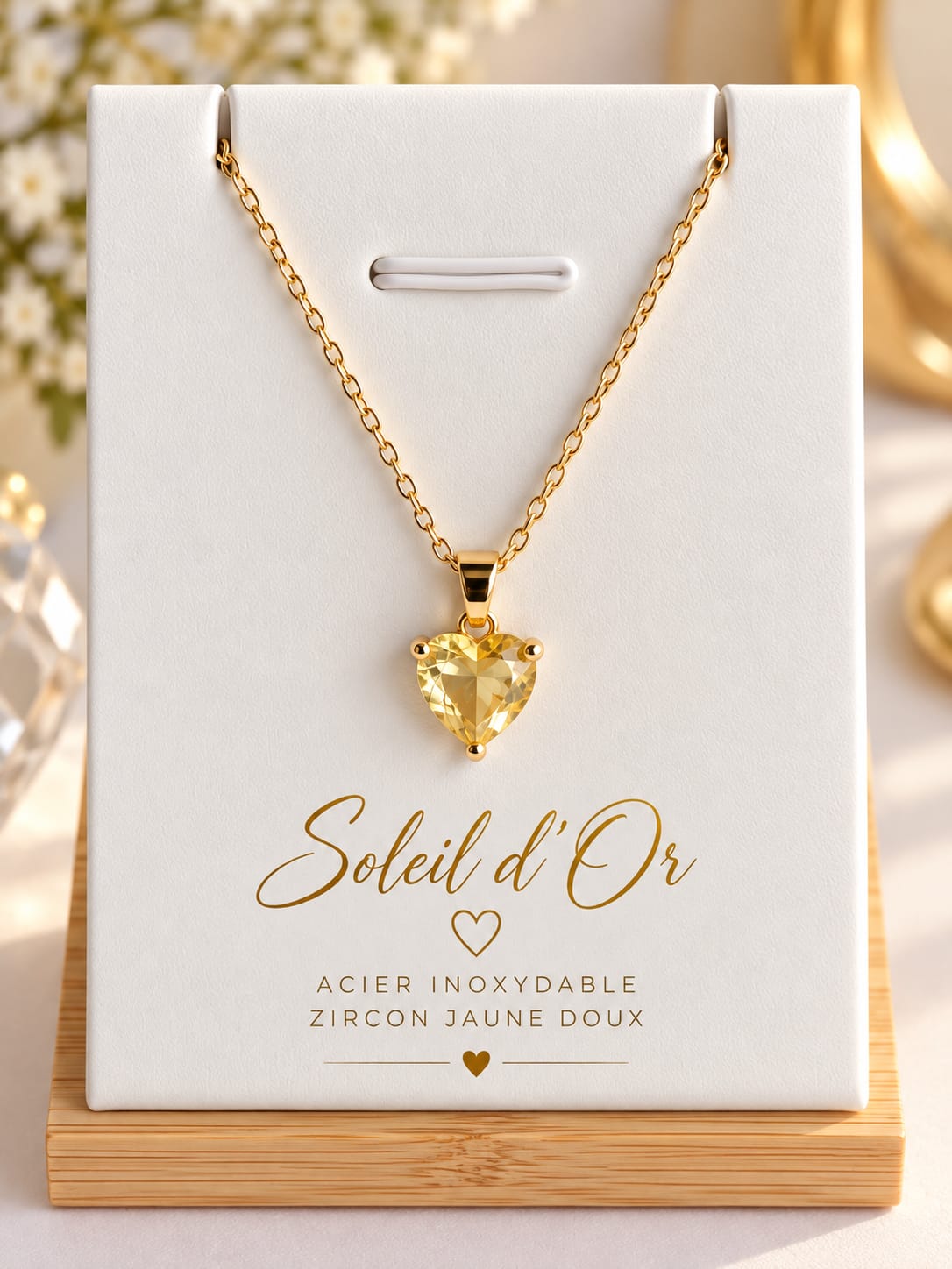 Collier Femme Cœur Zircon Acier Inoxydable Doré 45 + 5 cm – Cœur de Rose / Cœur d’Amour / Coeur d’Or – Bijou Élégant Hypoallergénique