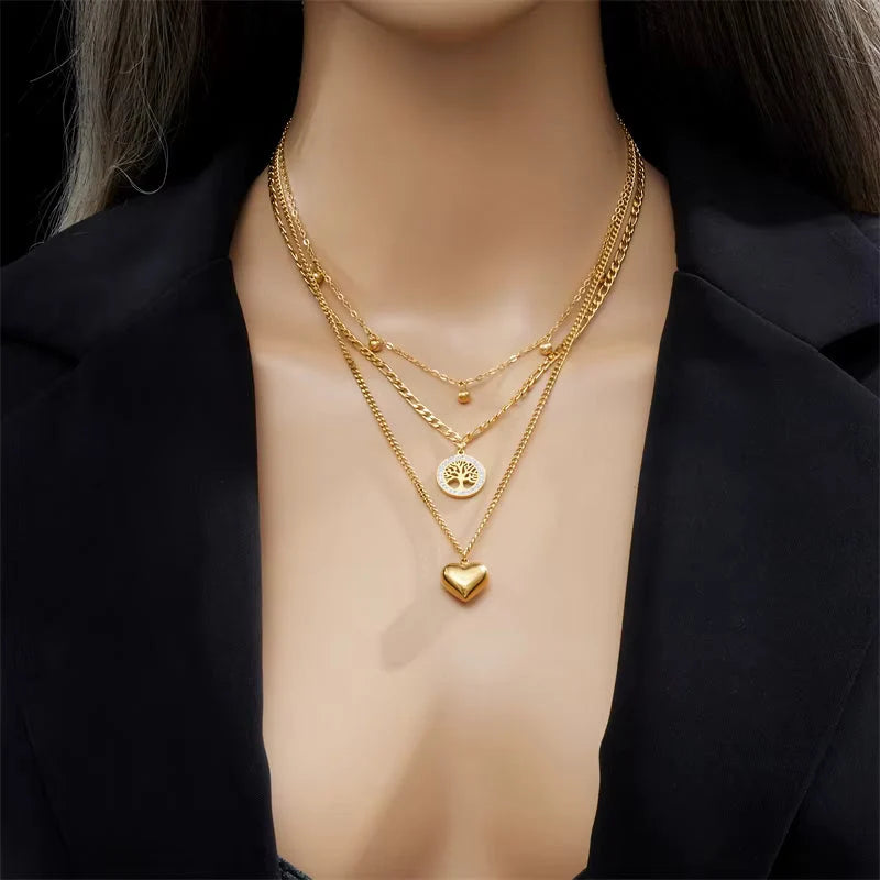 ⭐ Collier femme Multi-Rangs Doré – Arbre de Vie & Cœur