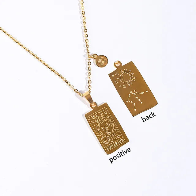 Collier Signe Verseau Acier Inoxydable Plaqué Or – Médaille + Charm, Gravure Recto et Constellation Verso – Unisexe