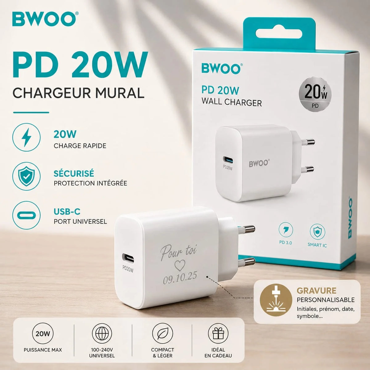 Chargeur rapide USB-C PD 20W – Personnalisable