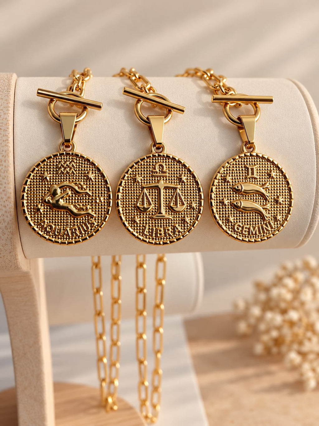 Collier et Pendentif Signe Astrologique Plaqué Or | Zodiaque Gravure Personnalisée Verso | Chaîne Paperclip Toggle | Cadeau