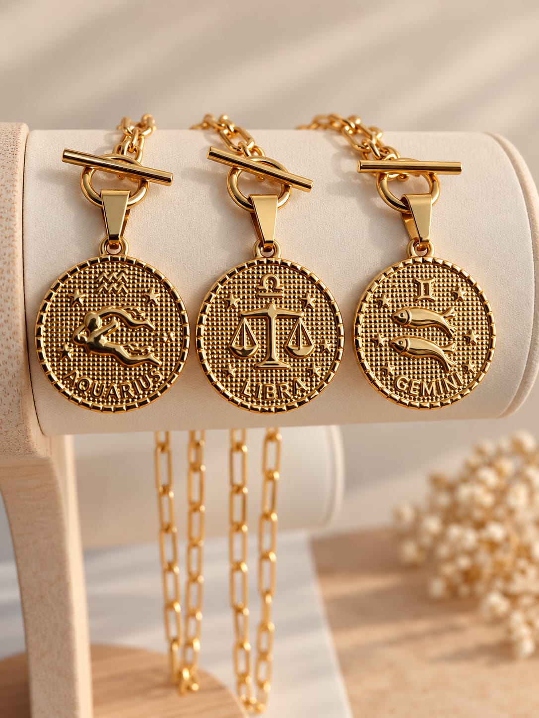 Collier et Pendentif Signe Astrologique Plaqué Or | Zodiaque Gravure Personnalisée Verso | Chaîne Paperclip Toggle | Cadeau