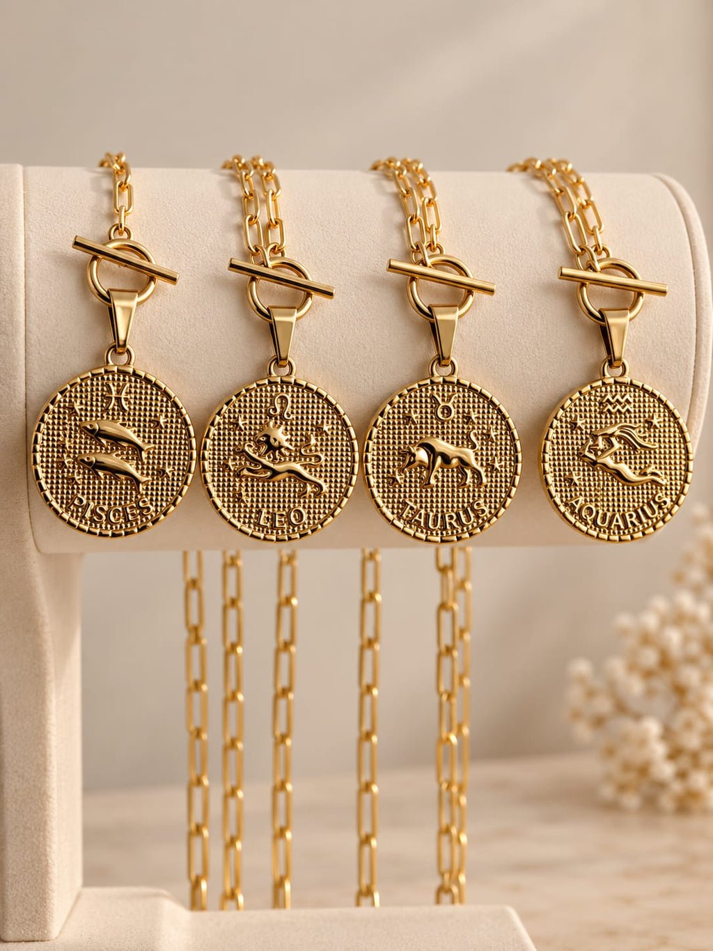 Collier et Pendentif Signe Astrologique Plaqué Or | Zodiaque Gravure Personnalisée Verso | Chaîne Paperclip Toggle | Cadeau