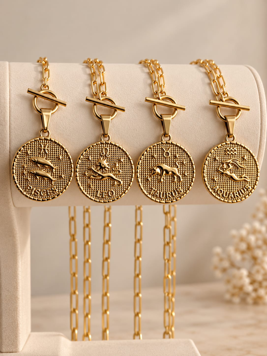 Collier et Pendentif Signe Astrologique Plaqué Or | Zodiaque Gravure Personnalisée Verso | Chaîne Paperclip Toggle | Cadeau