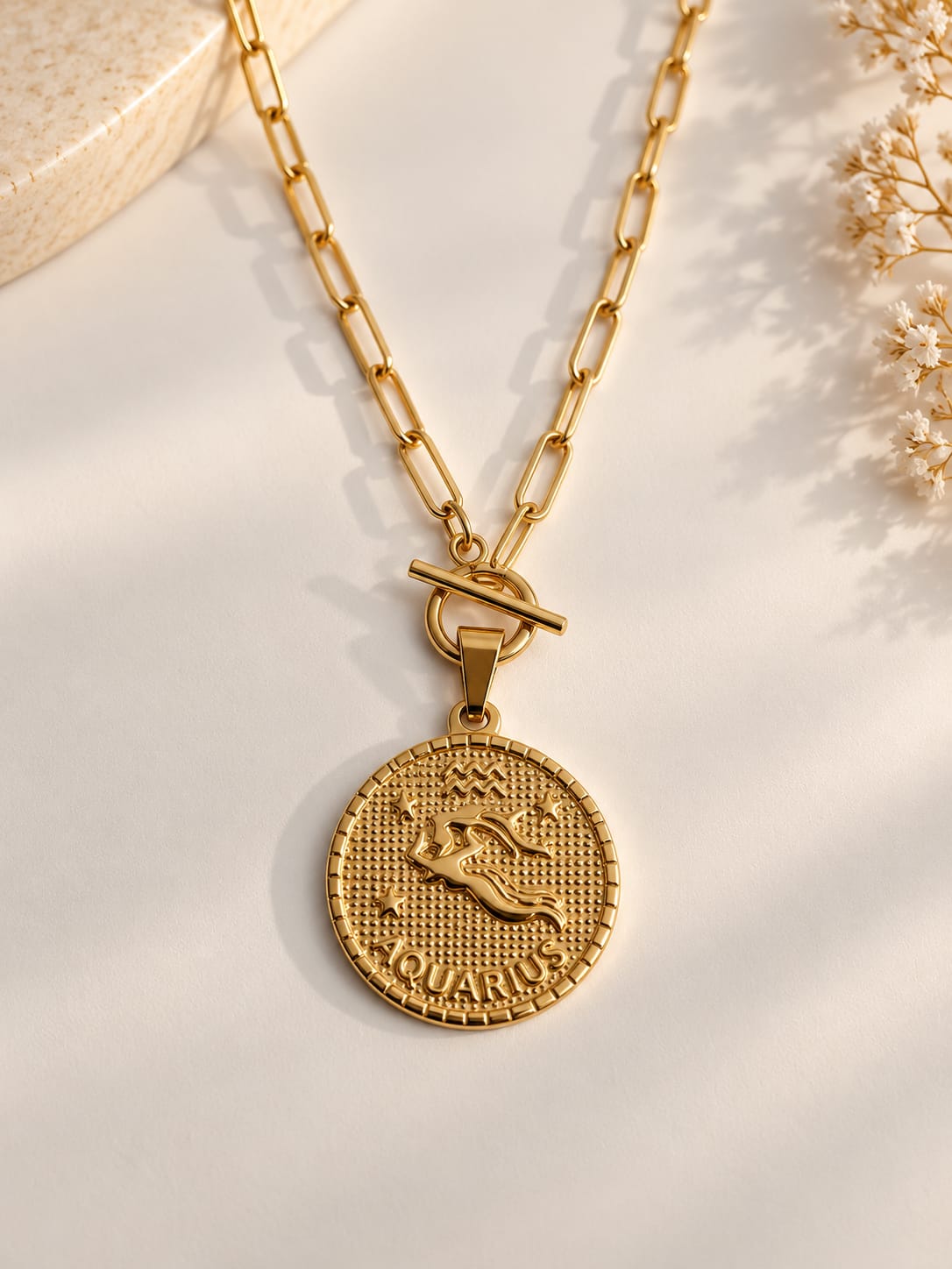 Verseau - Collier astrologique zodiaque doré – Pendentif Aquarius en acier inoxydable - Gravure à la demande