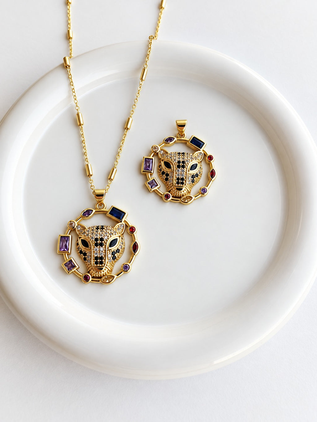 Collier et pendentif femme Panthère Dorée Cristaux Multicolores - Acier inoxydable - Choix chaine et pendentif seul - Cadeau félin Zircon
