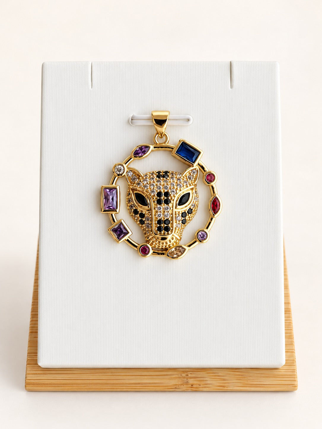 Collier et pendentif femme Panthère Dorée Cristaux Multicolores - Acier inoxydable - Choix chaine et pendentif seul - Cadeau félin Zircon