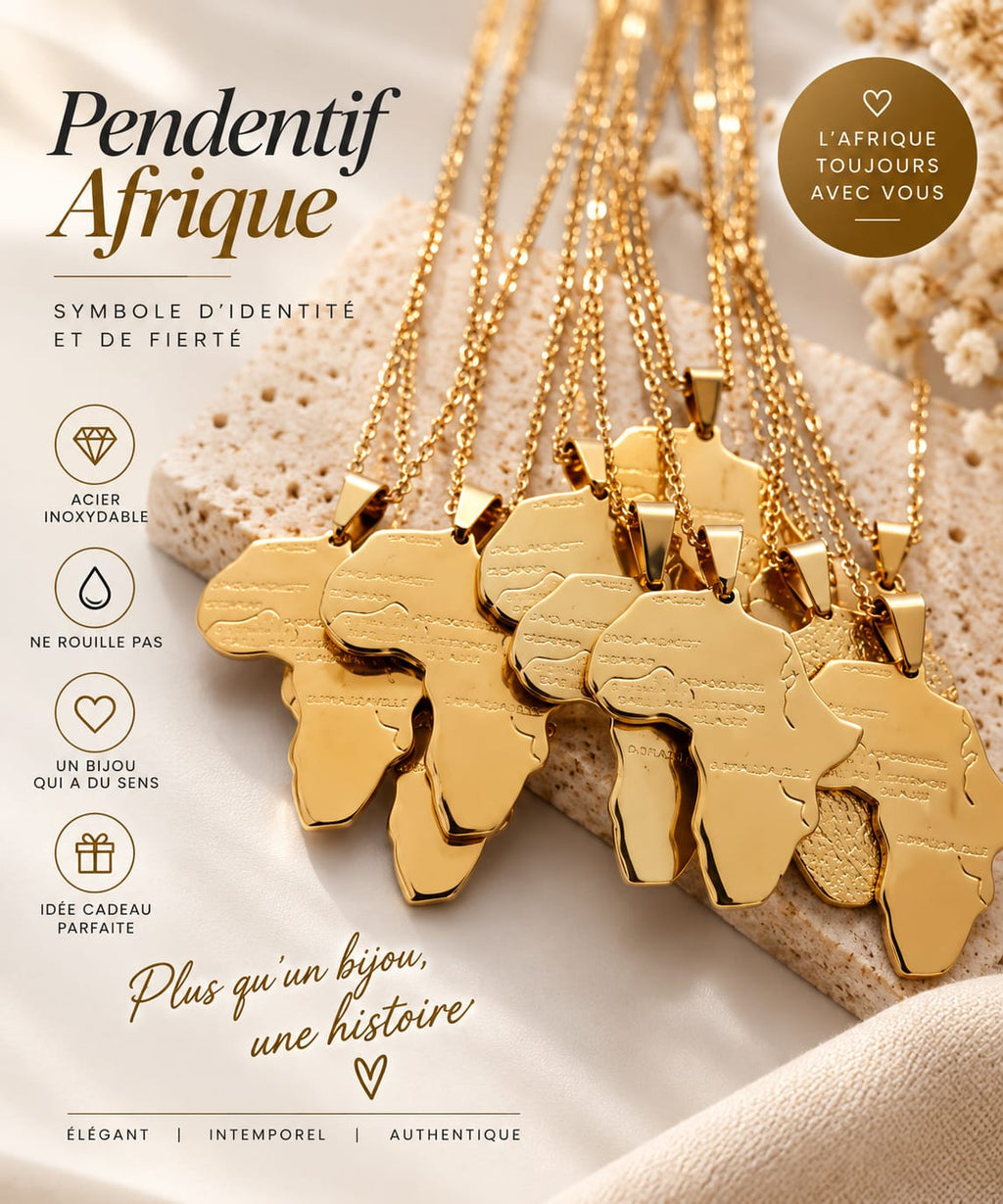 Chaîne et Pendentif au choix Carte de l’Afrique Doré en acier inoxydable plaqué or 18k - Bijou mixte homme ou femme 🌍✨