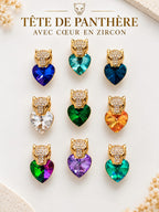 Collier et Pendentif Tête de Panthère Cœur Zircon – Acier Inoxydable Plaqué Or 45+5 cm