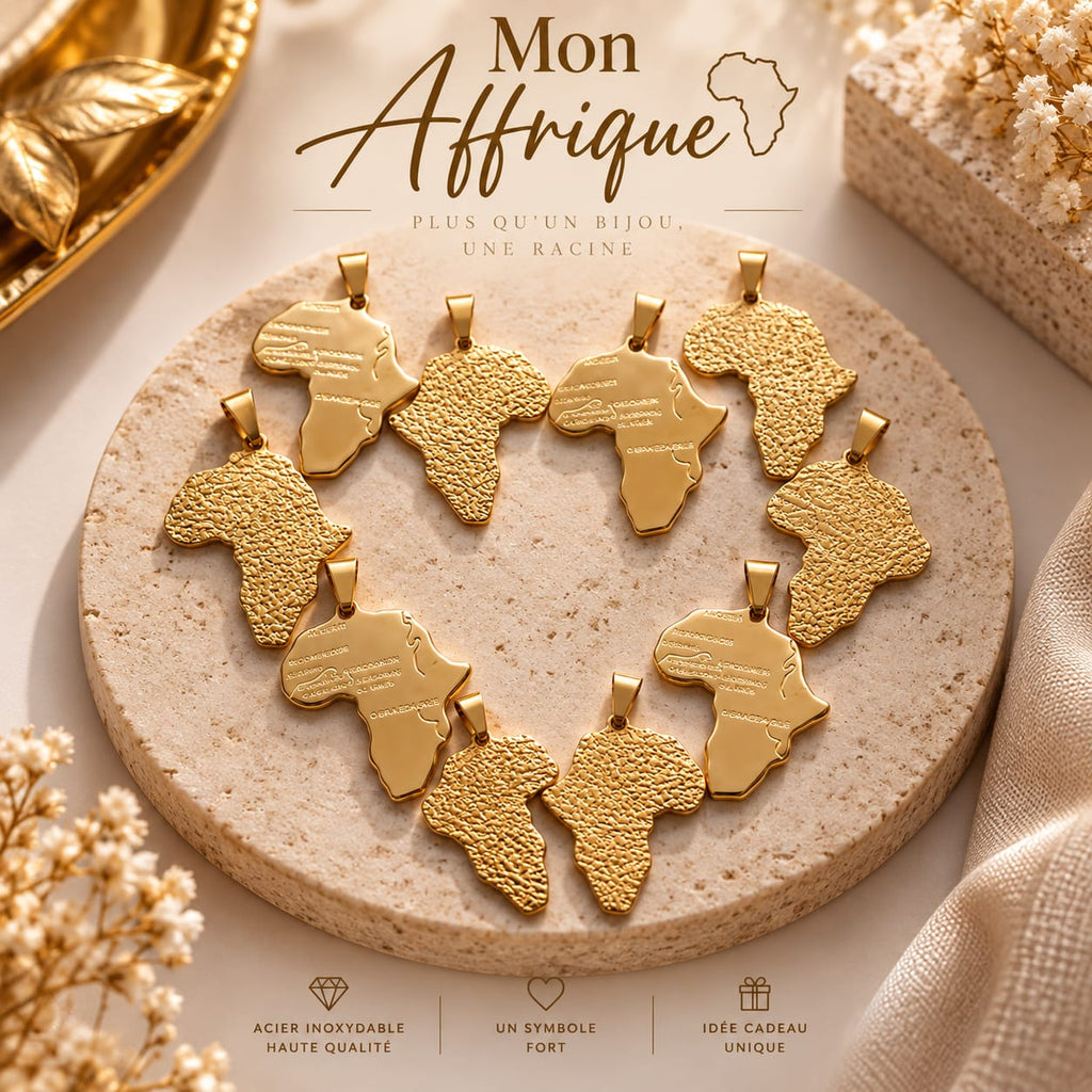 Chaîne et Pendentif au choix Carte de l’Afrique Doré en acier inoxydable plaqué or 18k - Bijou mixte homme ou femme 🌍✨