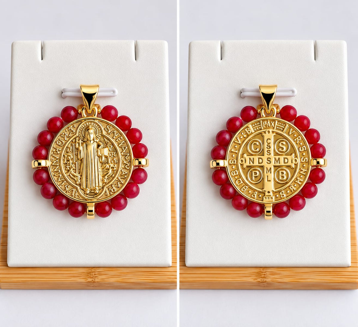 Collier et Pendentif Sainte Lucie – Médaille Saint Benoît Perles Rouges, Acier Inoxydable Plaqué Or 45+5 cm