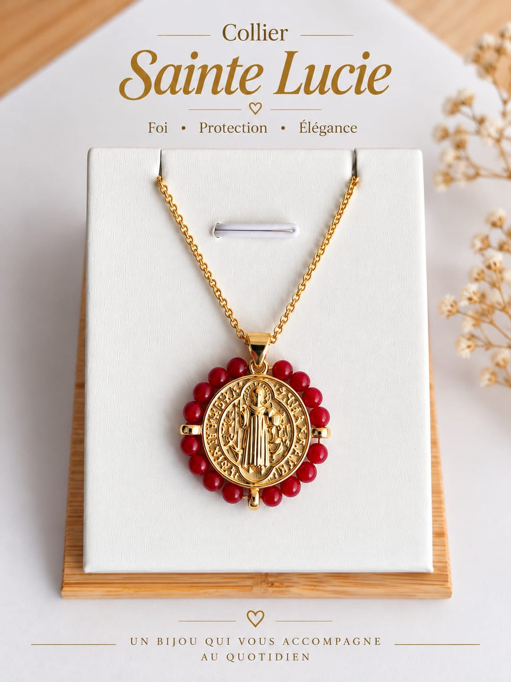 Collier et Pendentif Sainte Lucie – Médaille Saint Benoît Perles Rouges, Acier Inoxydable Plaqué Or 45+5 cm