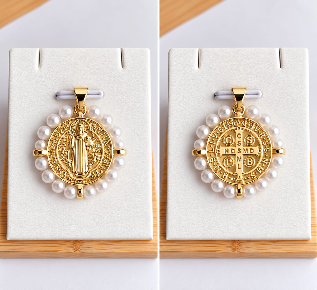 Collier et Pendentif Pureté Divine – Médaille Saint Benoît Perles, Acier Inoxydable Plaqué Or 45+5 cm