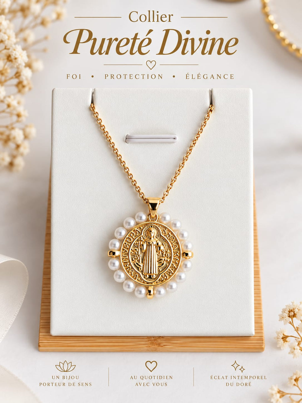 Collier et Pendentif Pureté Divine – Médaille Saint Benoît Perles, Acier Inoxydable Plaqué Or 45+5 cm