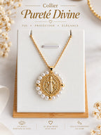 Collier et Pendentif Pureté Divine – Médaille Saint Benoît Perles, Acier Inoxydable Plaqué Or 45+5 cm