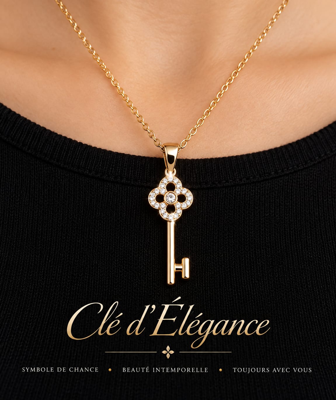 Collier et Pendentif Clé d’Élégance – Clé Trèfle Zircon, Acier Inoxydable Doré 45+5 cm