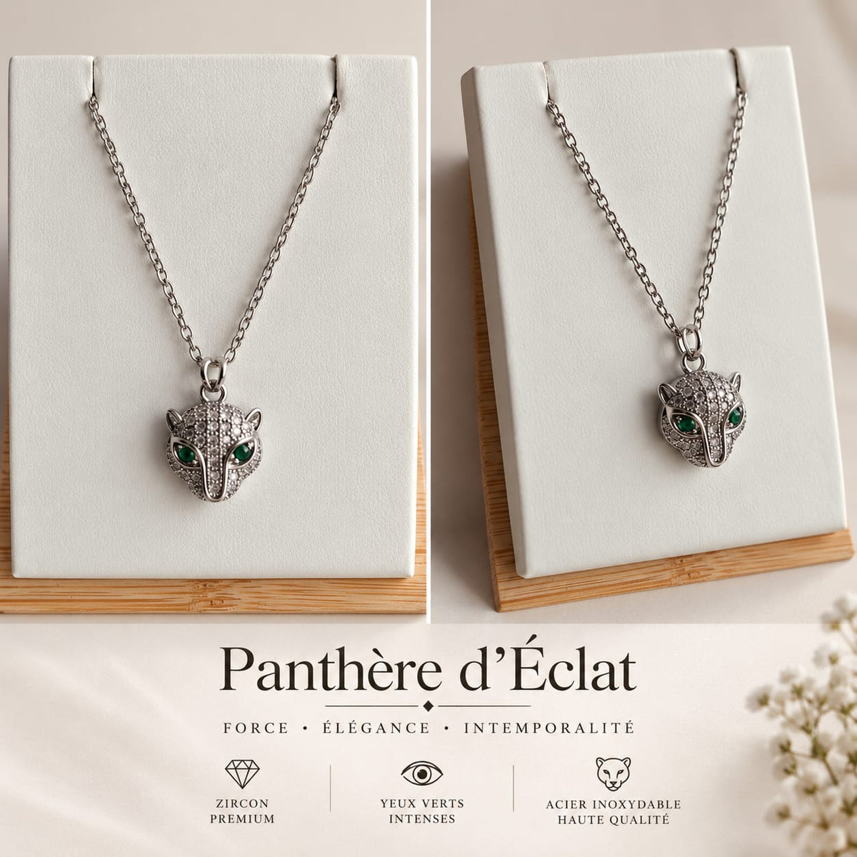 Collier et Pendentif tête de panthère argentée – yeux verts & zircons