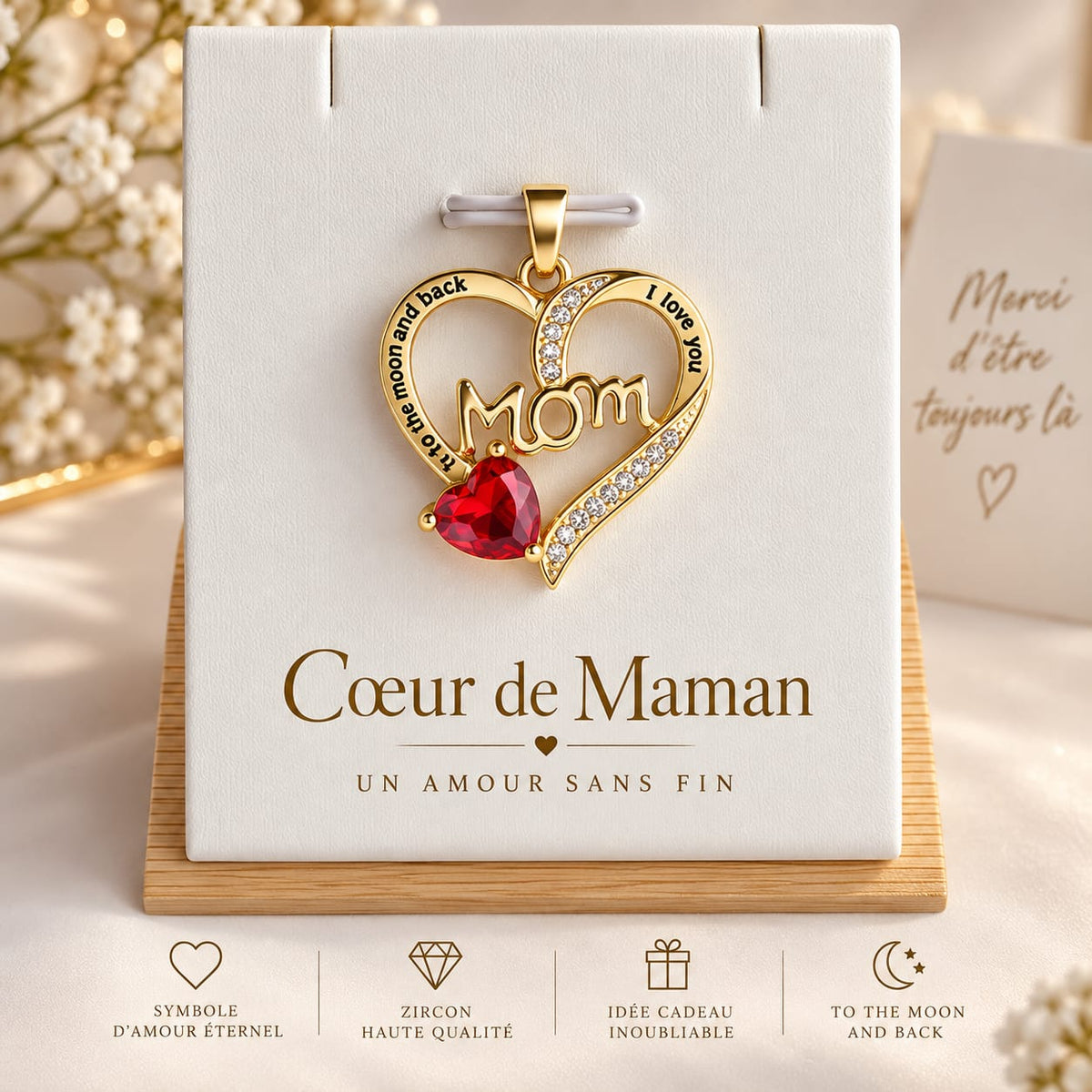 Collier et Pendentif Cœur de Maman – MOM Zircon Rouge, Acier Inoxydable Doré 45+5 cm