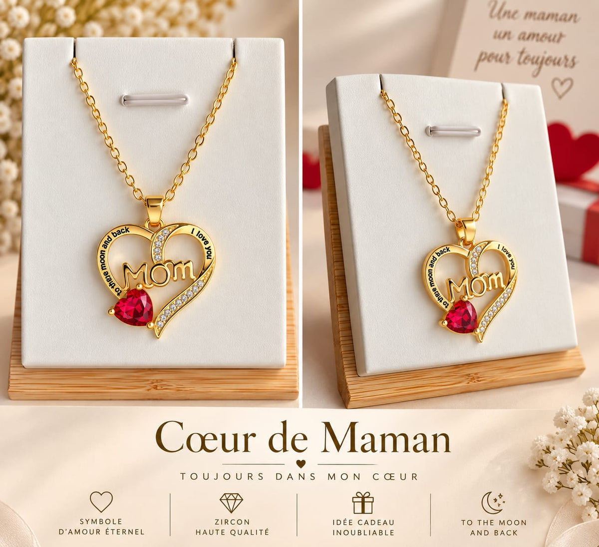 Collier et Pendentif Cœur de Maman – MOM Zircon Rouge, Acier Inoxydable Doré 45+5 cm