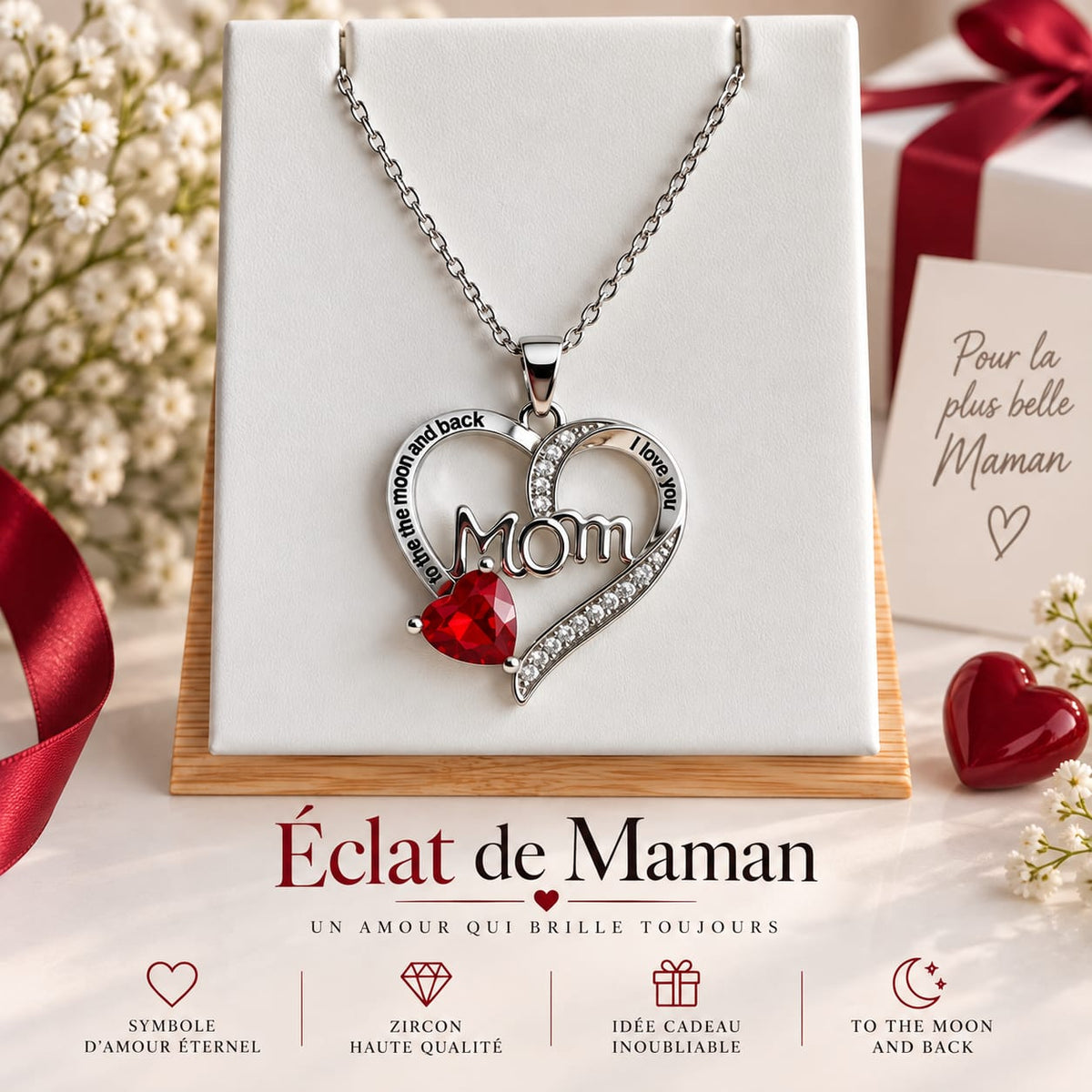 Collier et Pendentif Éclat de Maman – Cœur MOM Zircon Rouge, Acier Inoxydable 45+5 cm