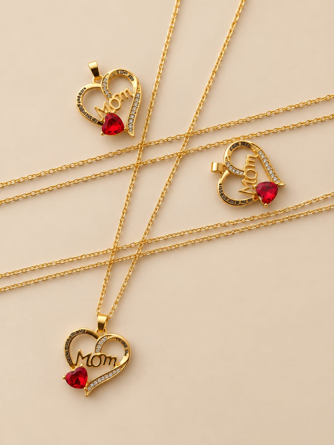 Collier et Pendentif Cœur de Maman – MOM Zircon Rouge, Acier Inoxydable Doré 45+5 cm