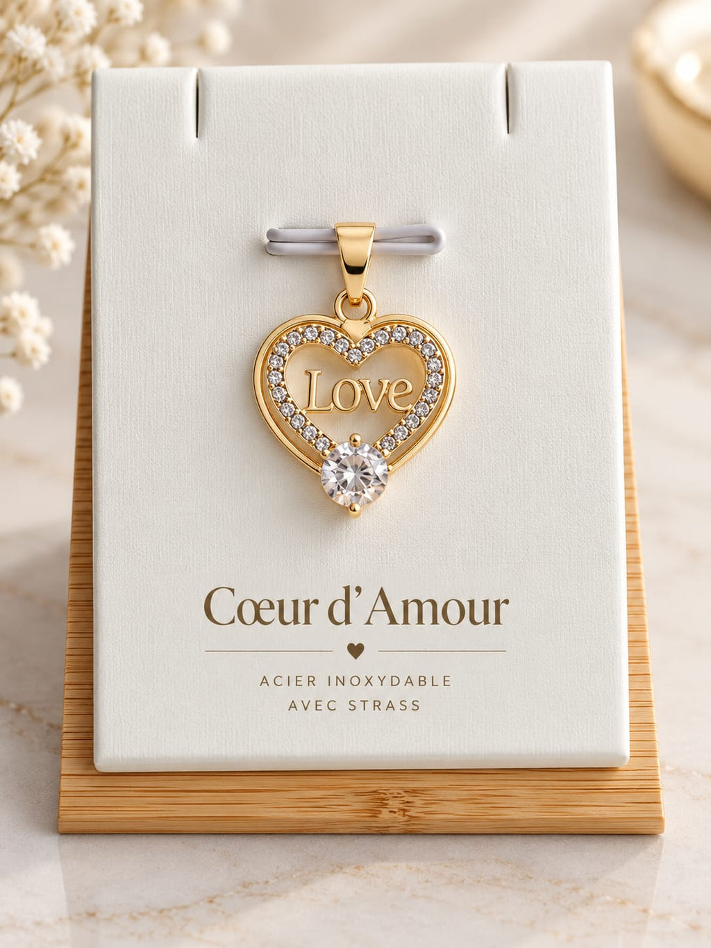 Collier et pendentif Cœur LOVE Doré – Acier Inoxydable & Zirconium