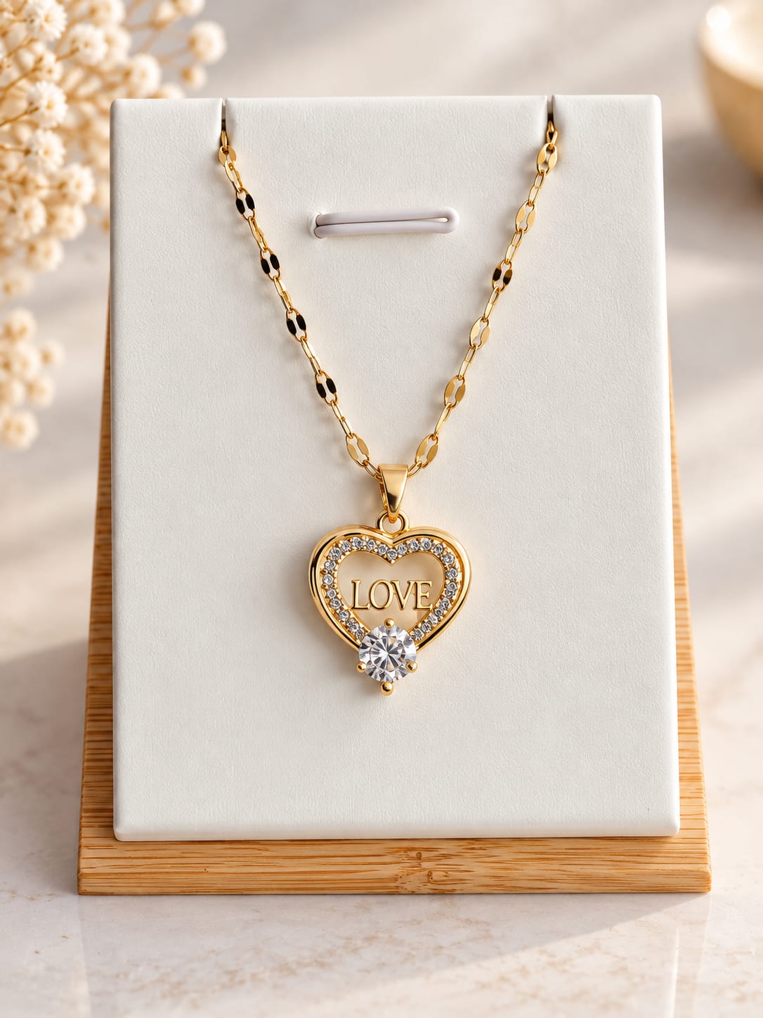 Collier et pendentif Cœur LOVE Doré – Acier Inoxydable & Zirconium
