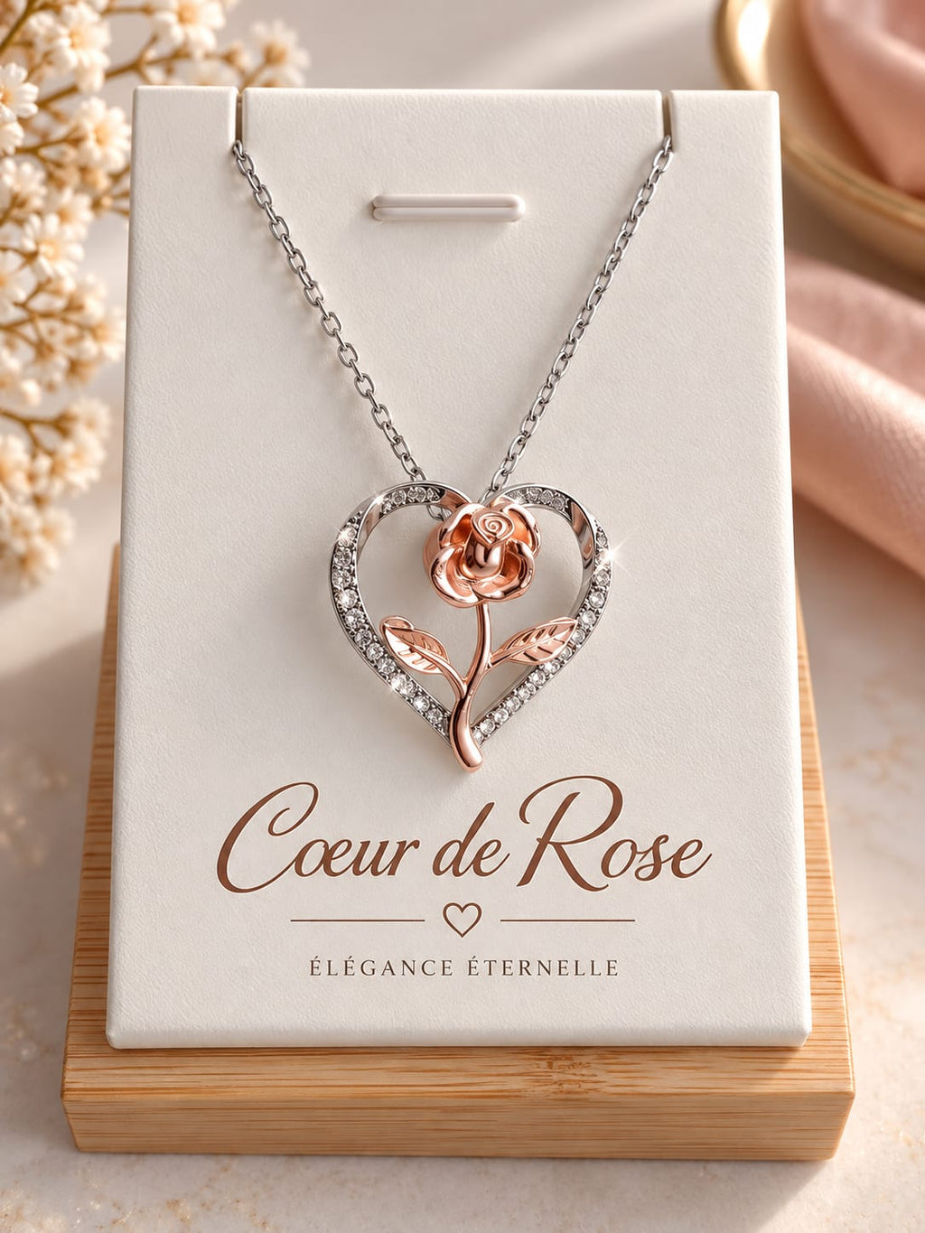 Collier et pendentif Cœur & Rose Bicolore – Argent & Or Rose – Élégance Romantique
