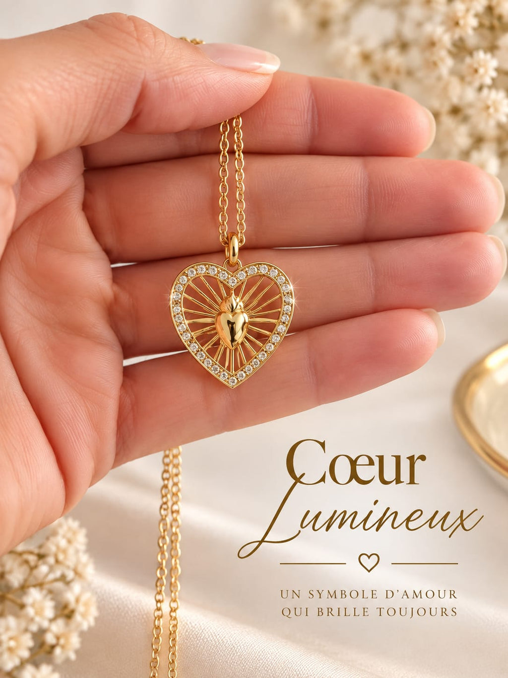Collier Cœur Lumineux Femme Plaqué Or – Pendentif Sacré Cœur Rayonnant avec Cristaux – Bijou Symbole d’Amour Éternel – Cadeau Saint-Valentin, Anniversaire, Fête des Mères