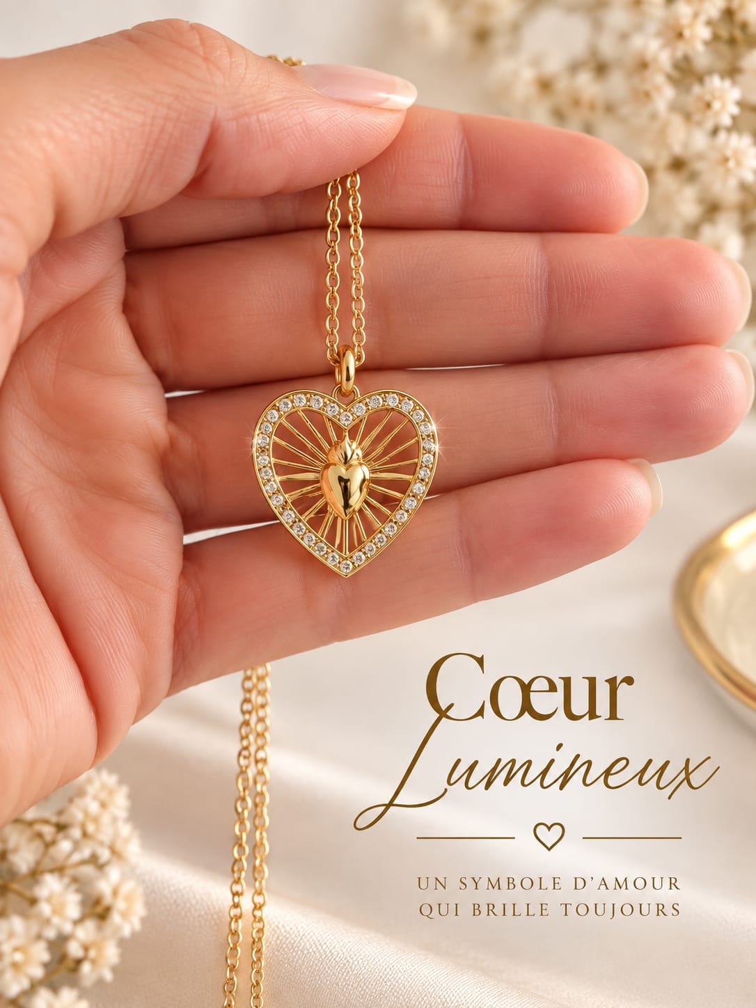 Collier Cœur Lumineux Femme Plaqué Or – Pendentif Sacré Cœur Rayonnant avec Cristaux – Bijou Symbole d’Amour Éternel – Cadeau Saint-Valentin, Anniversaire, Fête des Mères