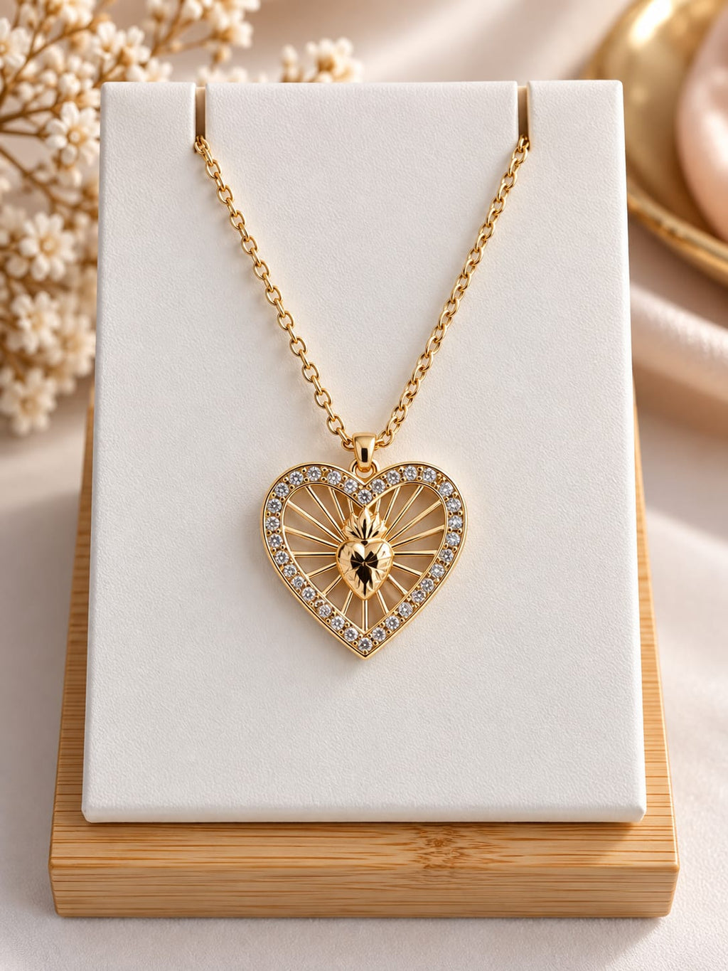 Collier Cœur Lumineux Femme Plaqué Or – Pendentif Sacré Cœur Rayonnant avec Cristaux – Bijou Symbole d’Amour Éternel – Cadeau Saint-Valentin, Anniversaire, Fête des Mères