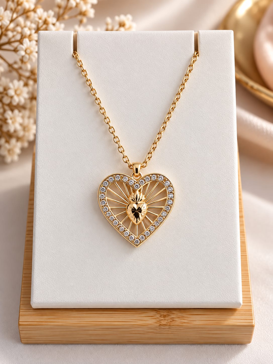 Collier Cœur Lumineux Femme Plaqué Or – Pendentif Sacré Cœur Rayonnant avec Cristaux – Bijou Symbole d’Amour Éternel – Cadeau Saint-Valentin, Anniversaire, Fête des Mères