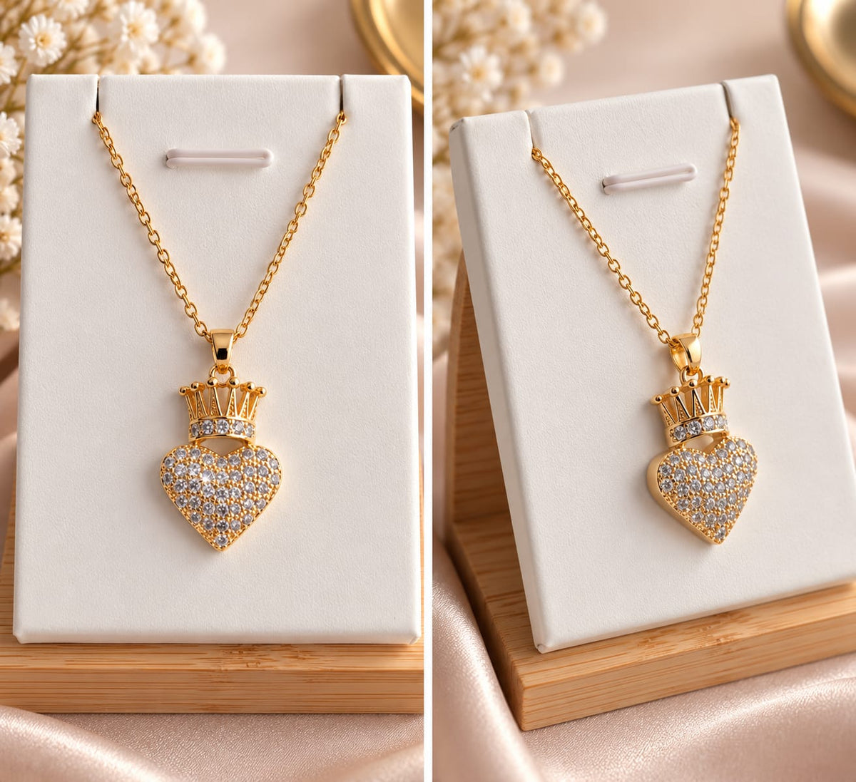 Collier et pendentif femme Cœur Couronné – Doré & Zircons - Acier Inoxydable plaqué or