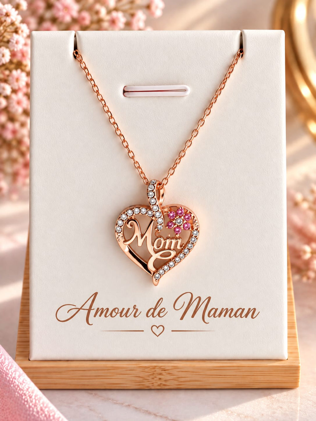 Collier Cœur Mom Plaqué Or Rose – Pendentif Amour de Maman Strass et Fleur Rose – Cadeau Fête des Mères – Alliage Plaqué Or 45+5 cm