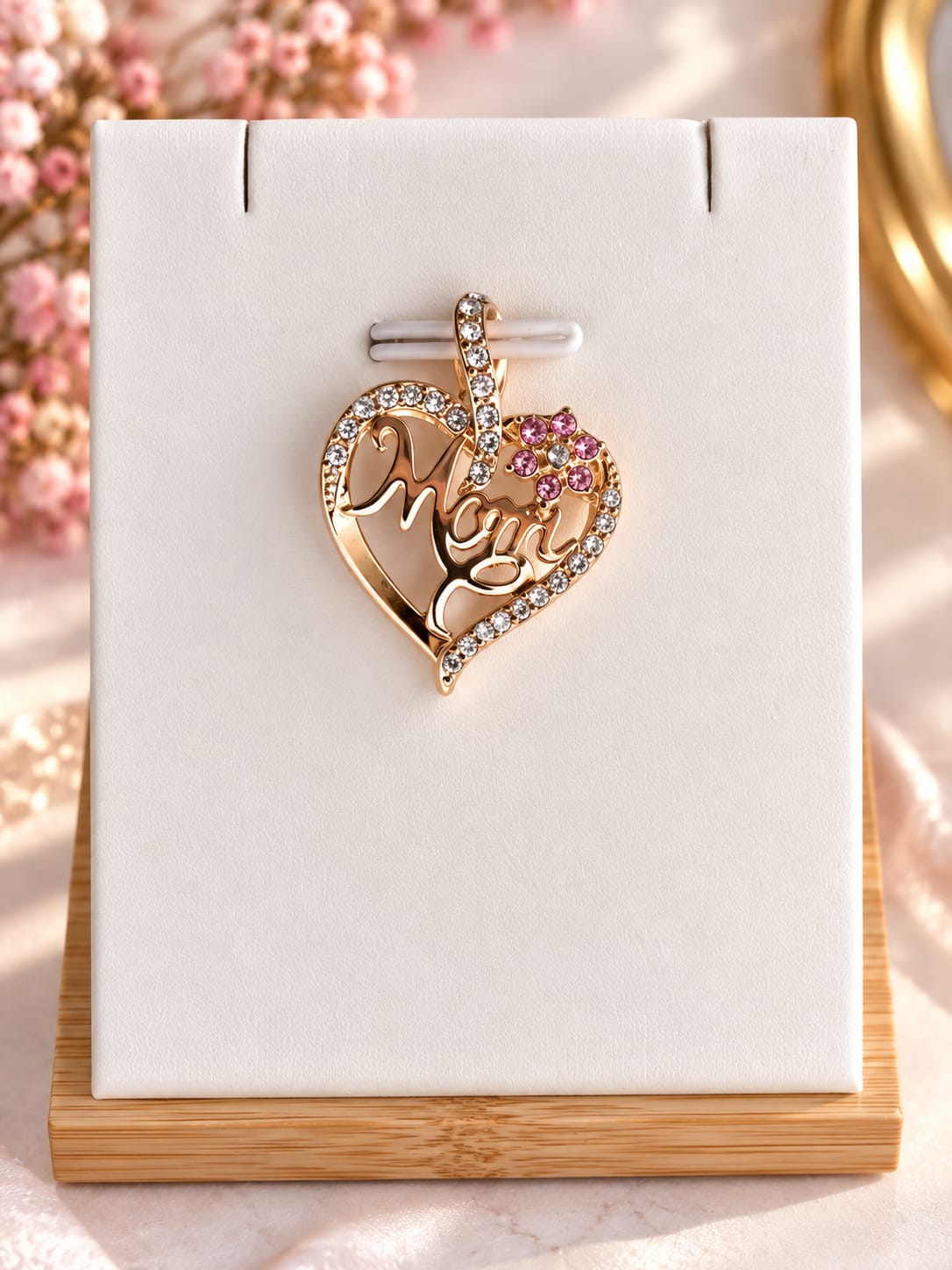 Collier Cœur Mom Plaqué Or Rose – Pendentif Amour de Maman Strass et Fleur Rose – Cadeau Fête des Mères – Alliage Plaqué Or 45+5 cm